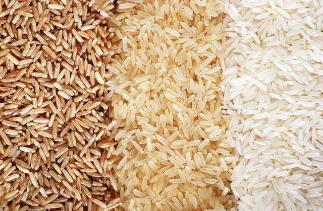 Three rows of rice varieties; brown, wild , and white rice.